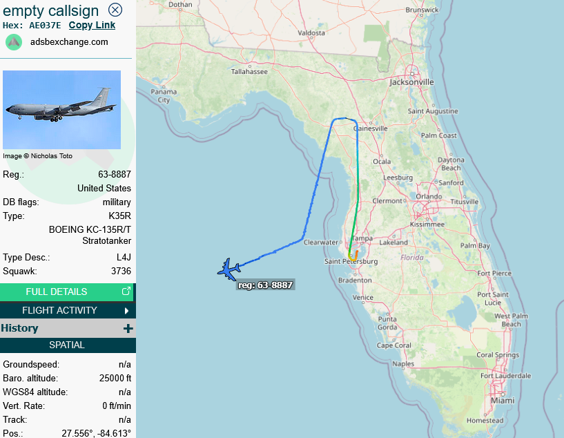 SirListenalot's tweet photo. Apr05 #KC135 #AE037E #GOLD71 on a round trip out of McDill took four USMC #F18 (bound for Panama) southbound, likely till LONET
https://t.co/CbyHeXtWte https://t.co/R32CzOiubn
