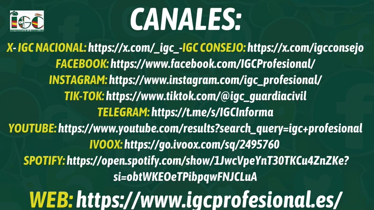 Quieres estar al día de toda la información que genera una de las Asociaciones Profesionales de <a href="/guardiacivil/">Guardia Civil</a>, representativa en el @Consejo y que está en constante crecimiento?👆te dejamos todos los canales informativos. #IGCNacional 🇪🇸