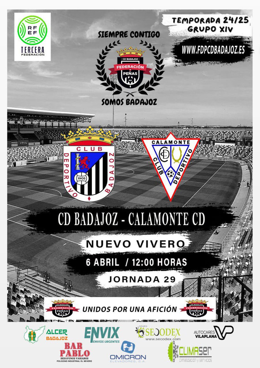 FEDERACIÓN DE PEÑAS DEL CD BADAJOZ (@fdp_cdb) on Twitter photo 🚨⚽ ᎻᎾᎽ ᎬᏕ ᎠłᎯ ᎠᎬ ᏰᎯᎠᎯ ⚽🚨
Llegó el cambio 🔀
Y ojalá sea punto de inflexión
pero lo que hace falta
son 3⃣ puntos de Victoria ✌🏼
Vuelve el domingo de fútbol al Vivero
Vuelve tu también 🏟⚪⚫
🕛 12:00 <a href="/CDBadajoz/">CD Badajoz</a> ⚔️ <a href="/CCalamonte/">CD Calamonte</a>
#AupaCDB ⚪⚫ #SiempreContigo 🚨⚽ ᎻᎾᎽ ᎬᏕ ᎠłᎯ ᎠᎬ ᏰᎯᎠᎯ ⚽🚨
Llegó el cambio 🔀
Y ojalá sea punto de inflexión
pero lo que hace falta
son 3⃣ puntos de Victoria ✌🏼
Vuelve el domingo de fútbol al Vivero
Vuelve tu también 🏟⚪⚫
🕛 12:00 <a href="/CDBadajoz/">CD Badajoz</a> ⚔️ <a href="/CCalamonte/">CD Calamonte</a>
#AupaCDB ⚪⚫ #SiempreContigo