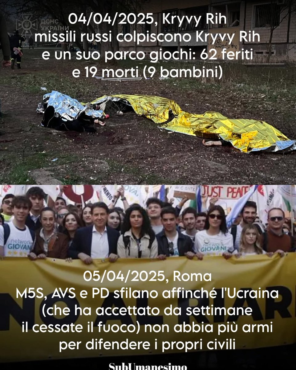 Attacco russo a Kryvyi Rih: missile e cluster bomb colpiscono area civile causando 19 morti (9 minori) e 62feriti, Zelensky aveva accettato cessate il fuoco. Più difese aeree avrebbero potuto salvare queste vite, ma a Conte, Barbero e Rita De Crescenzo non va bene.
@subumanesimo