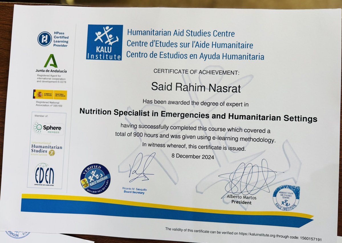 SayedrahimNasr1's tweet image. Alhamdulillah!
Finally, I have received all my documents related to my Nutrition Specialist in Emergency and Humanitarian Settings from KALU Institute of Humanitarian Aid Studies Center.

#NutritionSpecialist #HumanitarianAid #KALUInstitute #ProudMoment #Alhamdulillah #Spain