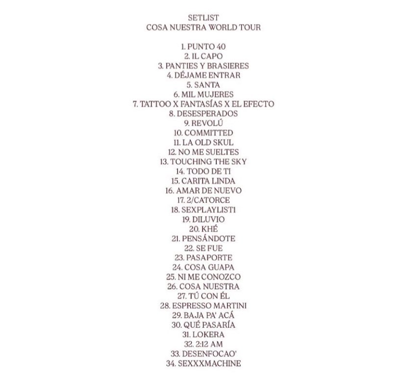 SETLIST COSA NUESTRA WORLD TOUR