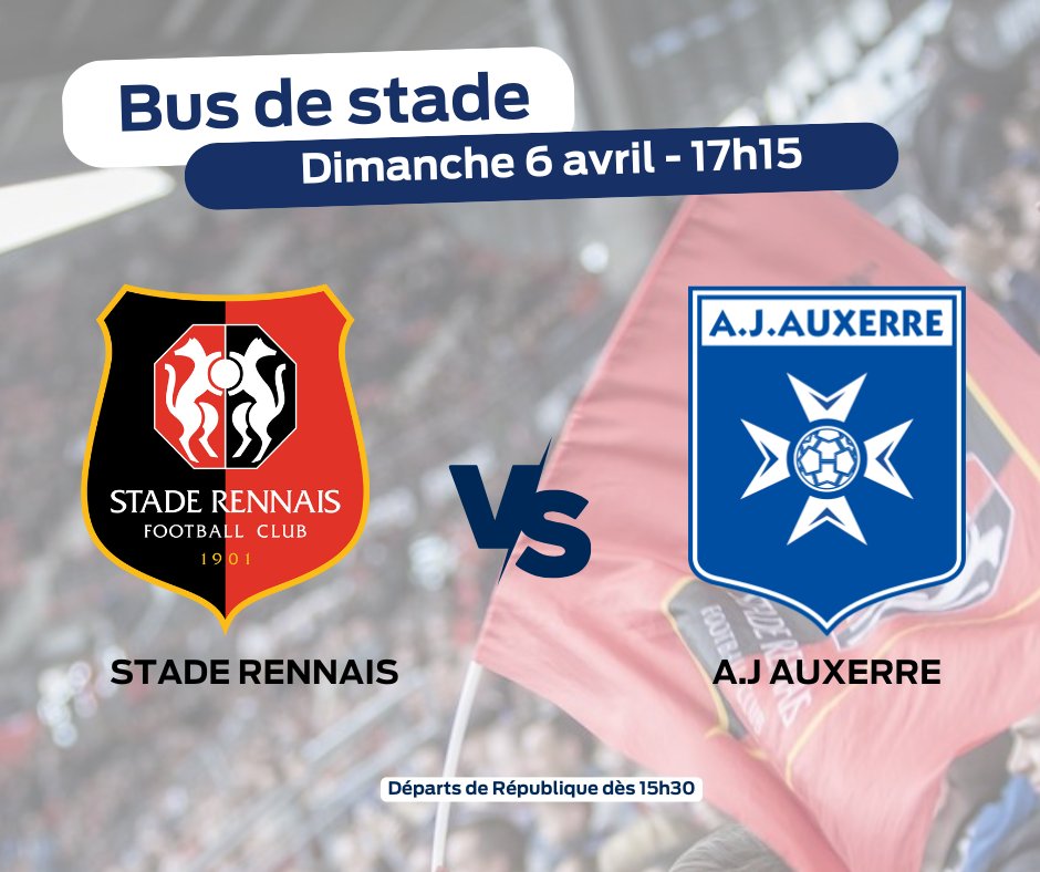 ⭐ STAR me parle ⭐ (@starmeparle) on Twitter photo 🚍 DIRECTION ROAZHON PARK ! ⚽
💥<a href="/staderennais/">Stade Rennais F.C.</a> vs <a href="/AJA/">AJ Auxerre</a>
📅 Dimanche 6 avril - 17h15
🚌 En bus de stade : départ de République dès 15h30
Ⓜ️ En métro : ligne b - arrêt Cleunay
👉 star.fr/actualites/bus…
#Rennes 🚍 DIRECTION ROAZHON PARK ! ⚽
💥<a href="/staderennais/">Stade Rennais F.C.</a> vs <a href="/AJA/">AJ Auxerre</a>
📅 Dimanche 6 avril - 17h15
🚌 En bus de stade : départ de République dès 15h30
Ⓜ️ En métro : ligne b - arrêt Cleunay
👉 star.fr/actualites/bus…
#Rennes
