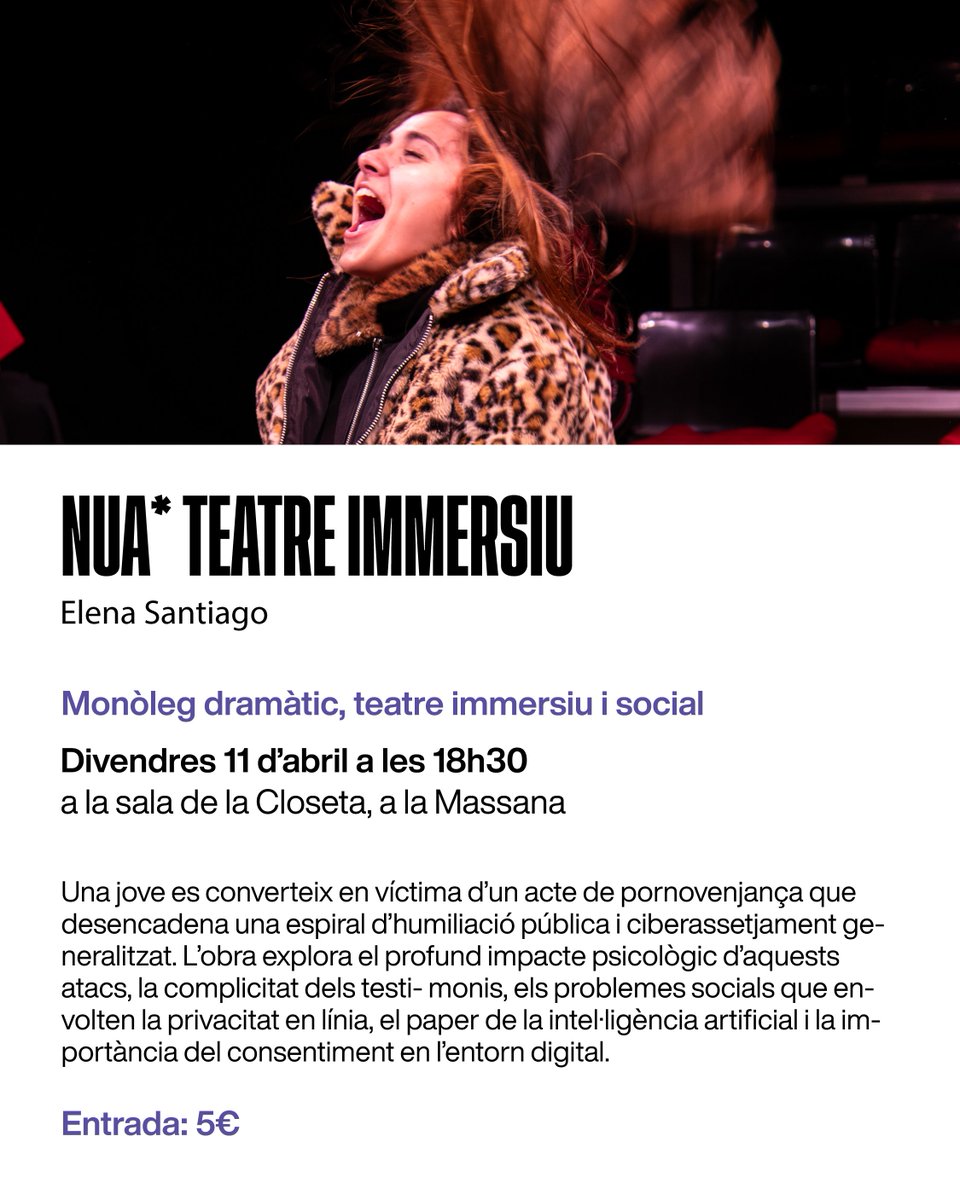 AndorraCrea's tweet photo. 🎭 "Nua* Teatre immersiu"

🗓️ 11/04/2025

🕡 18.30 h

📍 Sala de la Closeta, La Massana

🎟️ Entrades a https://t.co/gTuDabnyaE https://t.co/03fG0pJeW5