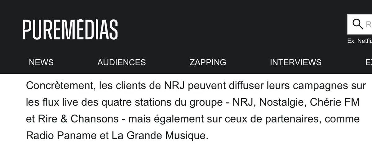 EmmanuelRials's tweet image. . @puremedias  : "les clients de NRJ peuvent diffuser leurs campagnes sur les flux live des quatre stations du groupe - NRJ, Nostalgie, Chérie FM et Rire &amp;amp; Chansons - mais également sur ceux de partenaires, comme Radio Paname et La Grande Musique". merci @NrjGlobal  -…