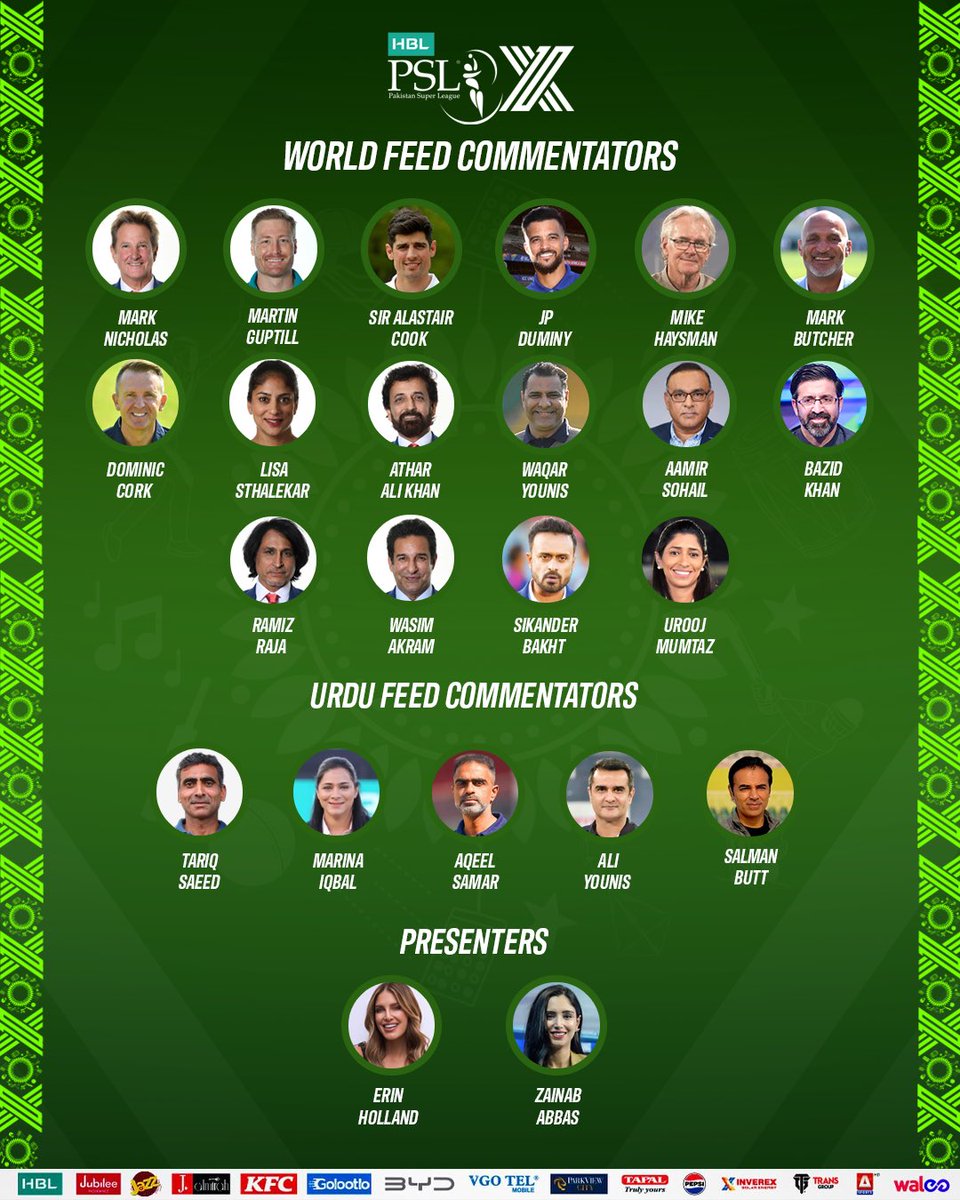 Mic Check, Legends Ready!

The biggest names in cricket are stepping into the #HBLPSLX commentary box! 🎙️

From Sir Alastair Cook and Lisa Sthalekar to Wasim Akram and Mark Nicholas — this dream team is bringing the heat across World Feed, Urdu Feed, and Presenters’ stage 🤩