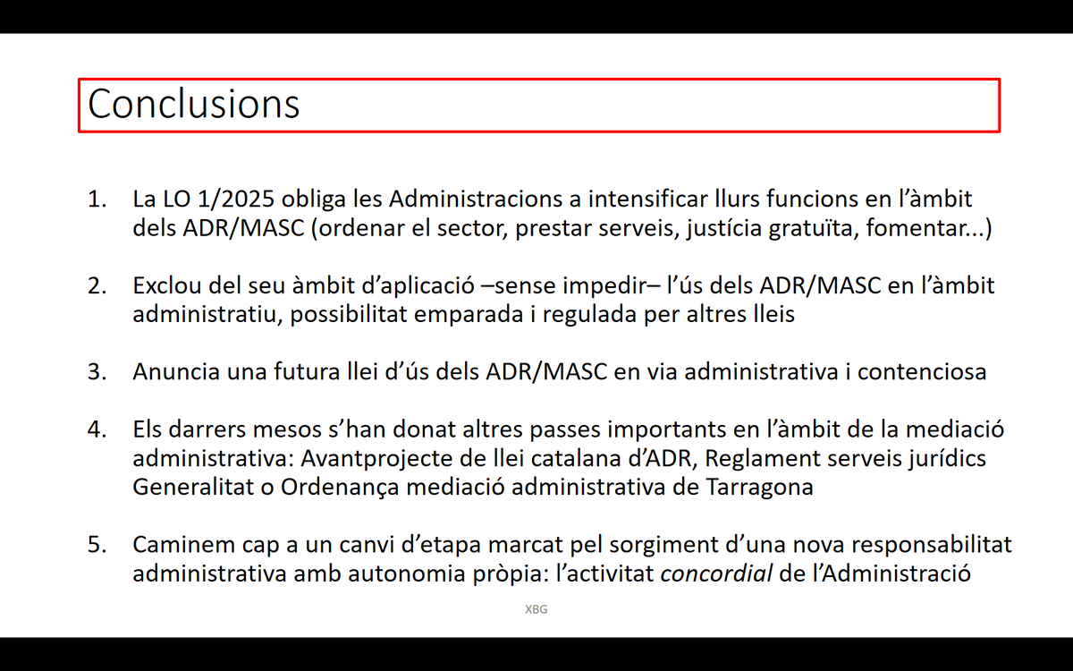 Aquí algunes conclusions de la meva intervenció a la Jornada sobre el Present i futur de les ADR/MASC en l’àmbit administratiu a partir de la Llei orgànica 1/2025, celebrada a l'<a href="/ICABarcelona/">ICAB · Advocacia Barcelona</a> el dijous 3 d'abril