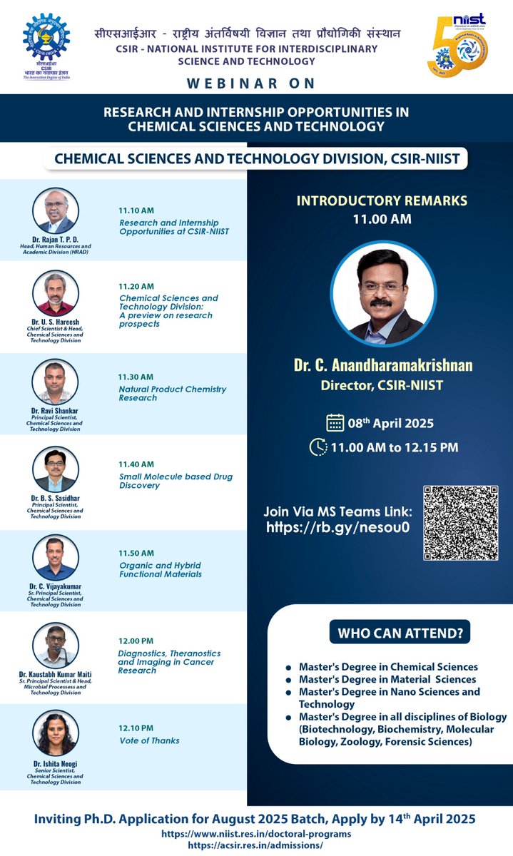 csir_niist's tweet photo. #webinar on #ResearchOpportunities at CSIR-NIIST #ChemicalScience division @CSIR_IND https://t.co/R79z56hwYN