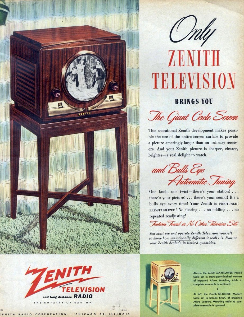 LRonLacy's tweet photo. Zenith Television and Long-distance Radio. April 1949.
#industrialdesign #televisionsets #television #earlytelevision #interiordecoration #furnituredesign #televisionprogram #TVsets https://t.co/ICNiu7KYKb