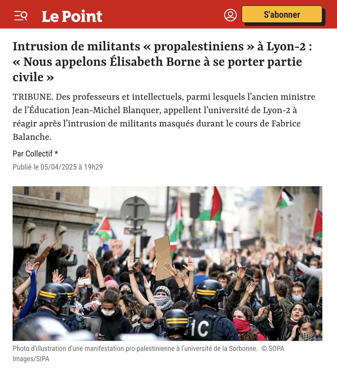 Madame <a href="/Elisabeth_Borne/">Élisabeth BORNE</a> , vous devez agir, les intimidations à l'égard des enseignants chercheurs doivent cesser. Tribune collective : 
lepoint.fr/societe/intrus…