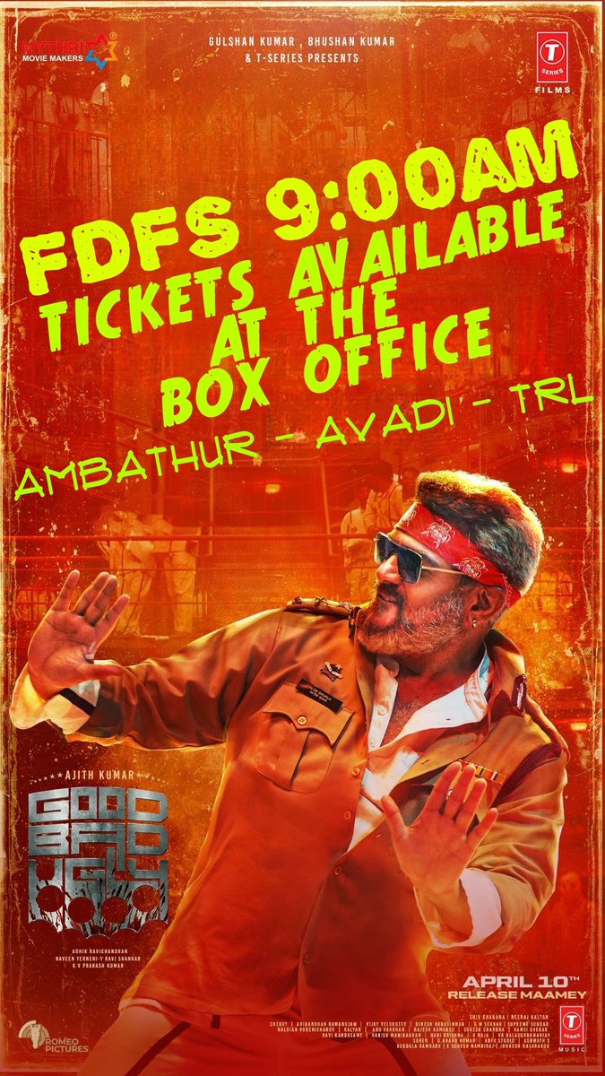 Rakki Cinemas (@rakkicinemas) on Twitter photo #GoodBadUgly FDFS 9:00AM Tickets Available only in the Counters of <a href="/rakkicinemas/">Rakki Cinemas</a>,#RakkiTRL & #MeenakshiCinemas - Avadi.
Rush to the counters now. #GoodBadUgly FDFS 9:00AM Tickets Available only in the Counters of <a href="/rakkicinemas/">Rakki Cinemas</a>,#RakkiTRL & #MeenakshiCinemas - Avadi.
Rush to the counters now.