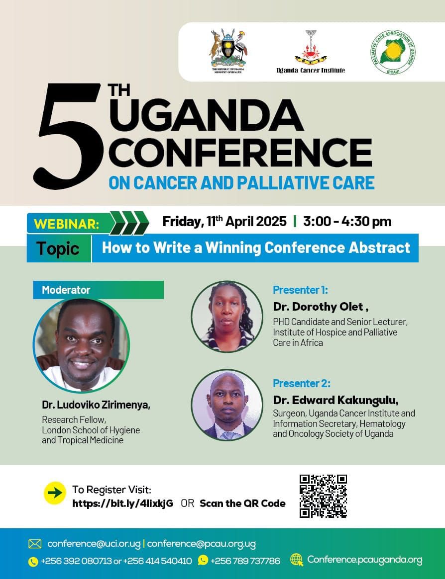 Kakungulu Edward (@princekaed) on Twitter photo The <a href="/UgandaCancerIns/">Uganda Cancer Institute</a>, in partnership with the <a href="/PCAUganda/">Palliative Care Association of Uganda (PCAU)</a>, is organizing the 5th Uganda Conference on Cancer and Palliative Care from September 10–12, 2025, at Speke Resort Munyonyo.
Join this session to discover practical strategies for structuring your abstract. The <a href="/UgandaCancerIns/">Uganda Cancer Institute</a>, in partnership with the <a href="/PCAUganda/">Palliative Care Association of Uganda (PCAU)</a>, is organizing the 5th Uganda Conference on Cancer and Palliative Care from September 10–12, 2025, at Speke Resort Munyonyo.
Join this session to discover practical strategies for structuring your abstract.