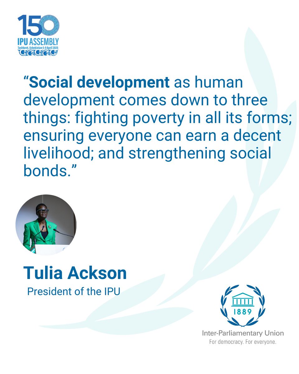 Social development comes down to:
☑️Fighting #poverty
☑️Ensuring access to a decent livelihood
☑️Strengthened social bonds

Let's ensure we work together following #IPU150 to achieve social development for all!
Watch the <a href="/IPUparliament/">IPUparliament</a> Assembly live
➡️ipu.org/150