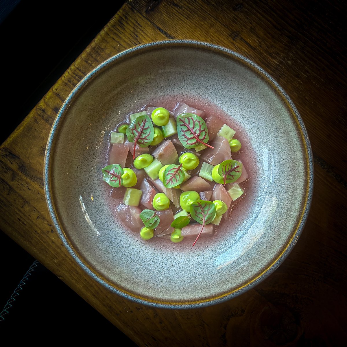 Cured mackerel with wasabi, avocado and flowering currant