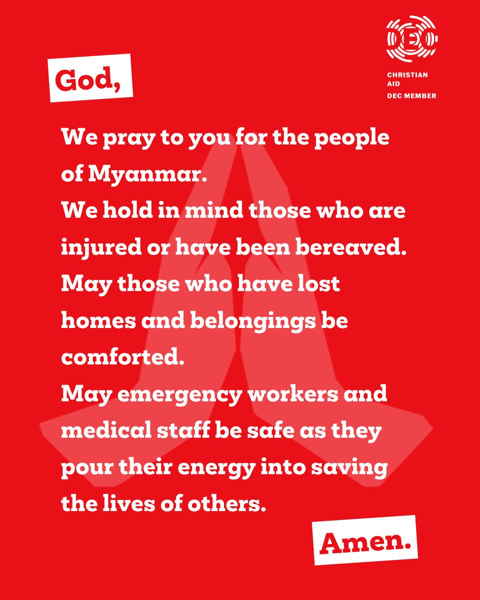 christian_aid's tweet image. 🙏 Join us in lifting up the people Myanmar and surrounding regions that have been affected by the recent earthquakes.

Donate today to help provide life-saving support caid.org.uk/BQY

#MyanmarEarthquake #Earthquake #Prayer