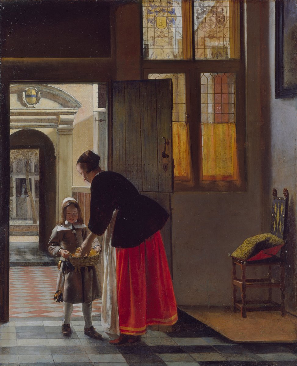 Sunday morning croissants, anyone? 🥐 ⁠
⁠
This 17th-century painting shows a boy bringing bread into the tiled hallway of a Dutch house. Sun glows through the stained-glass windows, lighting up the woman’s red skirt with a radiance reminiscent of Vermeer.⁠
⁠