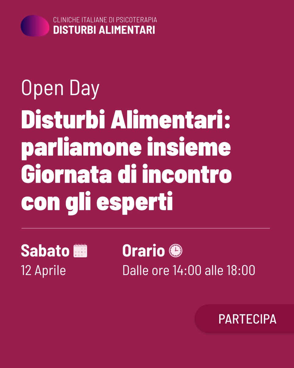 🔴Disturbi Alimentari: parliamone insieme – Giornata di incontro con gli esperti

📌  Open Day organizzato dalla Clinica Disturbi Alimentari

📅  Sabato 12 aprile dalle ore 14:00 alle ore 18:00

👉 Per avere maggiori info: stateofmind.it/eventi/disturb…

#disturbialimentari #openday