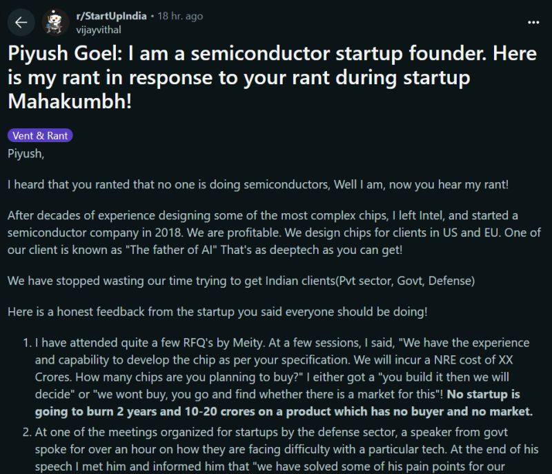 ankituttam's tweet image. 𝗥𝗮𝗻𝘁 𝗼𝗳 𝗮 𝘀𝗲𝗺𝗶𝗰𝗼𝗻𝗱𝘂𝗰𝘁𝗼𝗿 𝘀𝘁𝗮𝗿𝘁𝘂𝗽 𝗳𝗼𝘂𝗻𝗱𝗲𝗿 𝗼𝗻 𝗣𝗶𝘆𝘂𝘀𝗵 𝗚𝗼𝗲𝗹&apos;𝘀 𝗿𝗮𝗻𝘁 about Indian startups not doing anything in DeepTech. 👇

#Deeptech #startup #PiyushGoel #India #China #StartupMahakumbh