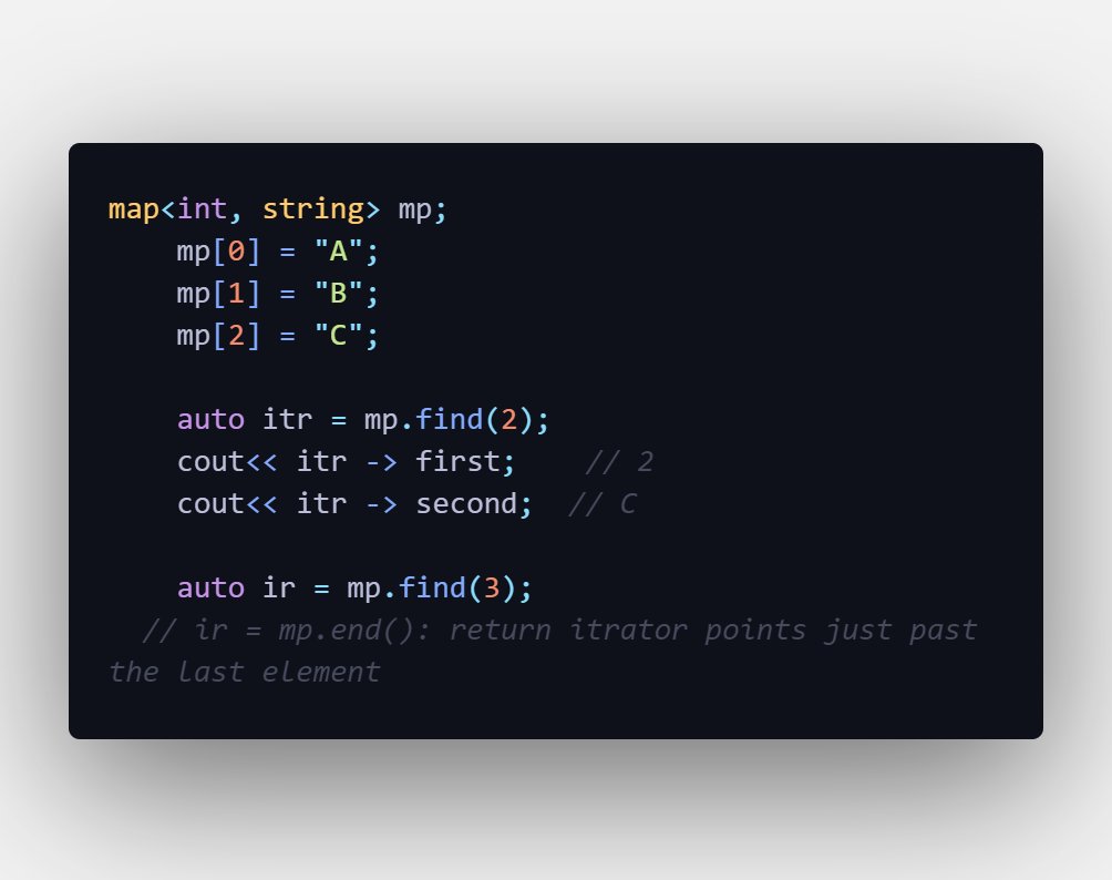 chinplusmay's tweet image. In CPP &amp;lt;map&amp;gt; :

- mp.find(key)
  Purpose: Searches for a key in the map.
  Returns: An iterator to the element if found,    otherwise returns mp.end().

#cpp24 #programming #LearnInPublic