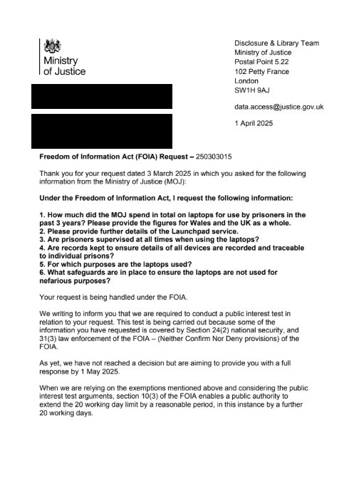 DOGE Wales 🏴💰 (@seneddwaste) on Twitter photo 🚨MOJ NEEDS MORE TIME TO TELL US HOW MUCH THEY’VE SPENT ON LAPTOPS FOR PRISONERS—TO ASSESS “NATIONAL SECURITY”🚨
We received the below from <a href="/MoJGovUK/">Ministry of Justice</a> this week.
We asked some simple questions about taxpayer funded laptops for prisoners in Wales.
They need more time…🧵(1/4) 🚨MOJ NEEDS MORE TIME TO TELL US HOW MUCH THEY’VE SPENT ON LAPTOPS FOR PRISONERS—TO ASSESS “NATIONAL SECURITY”🚨
We received the below from <a href="/MoJGovUK/">Ministry of Justice</a> this week.
We asked some simple questions about taxpayer funded laptops for prisoners in Wales.
They need more time…🧵(1/4)