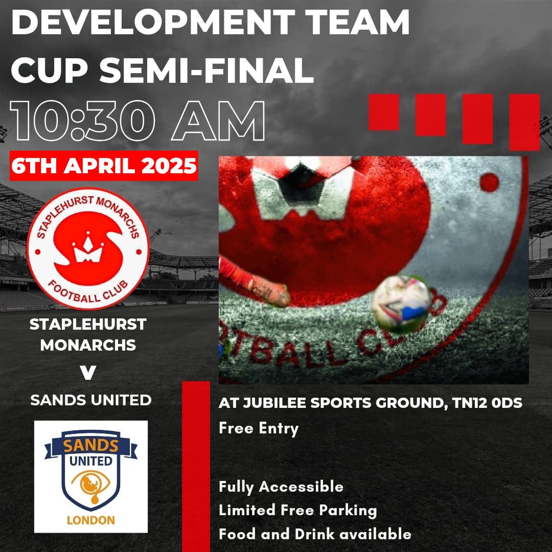 Double match day!

Starting with our Dev team in the cup, followed by the Women’s league match at 2pm. What better weather for football! 😎 

🏟 Jubilee Field, TN12 0DS
🆚 Kent Sands United
🏆 Invitational Cup
⌚️ 10:30 KO
🍔 Hot &amp; cold food, plus drink available!
🎟 Free Entry