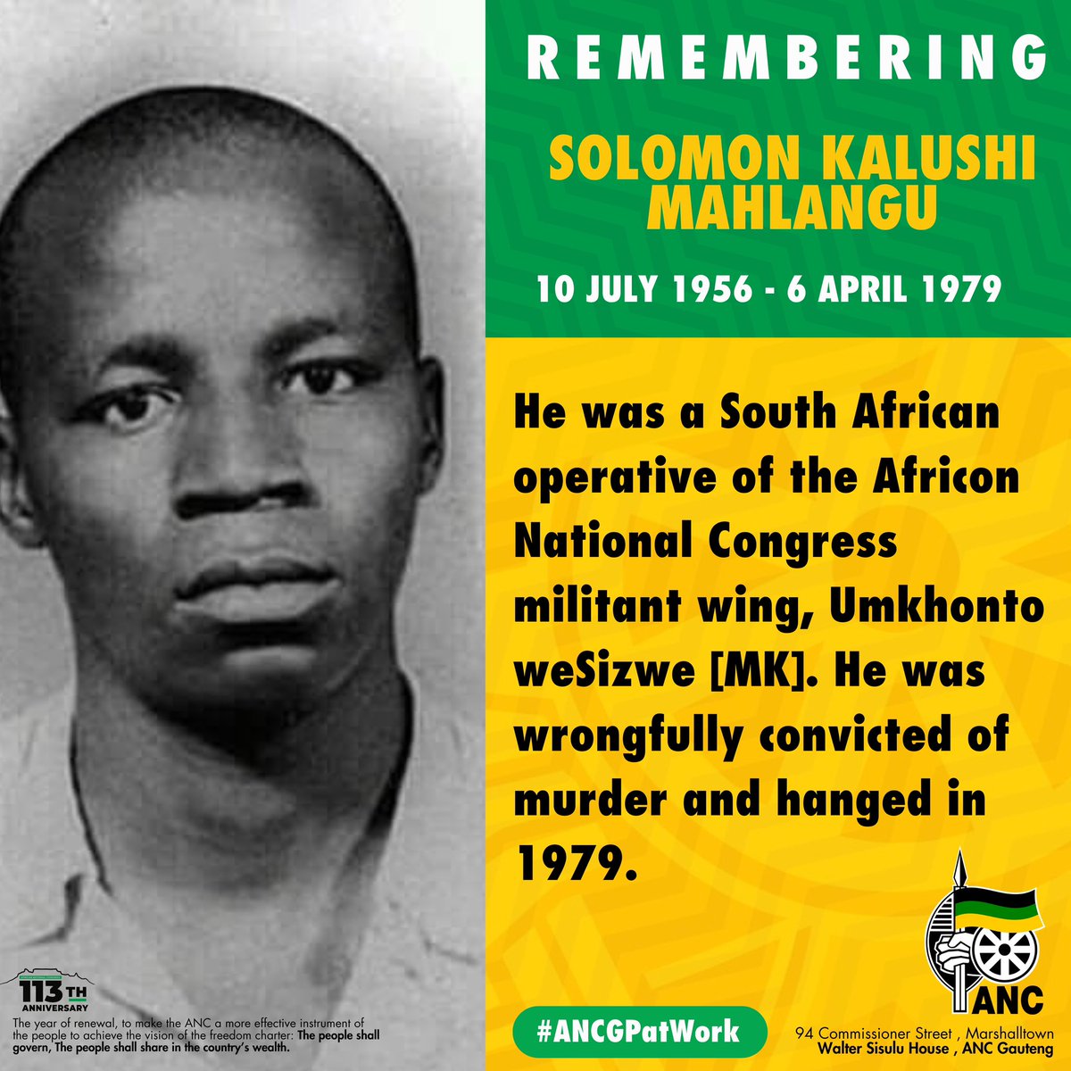 Today,We remember the outstanding Kalushi Mahlangu, a freedom fighter and fearless soldier of Umkonto Wesizwe, The Peoople’s arm.
#RememberingSolomonMahlangu
 ⚫️🟢🟡