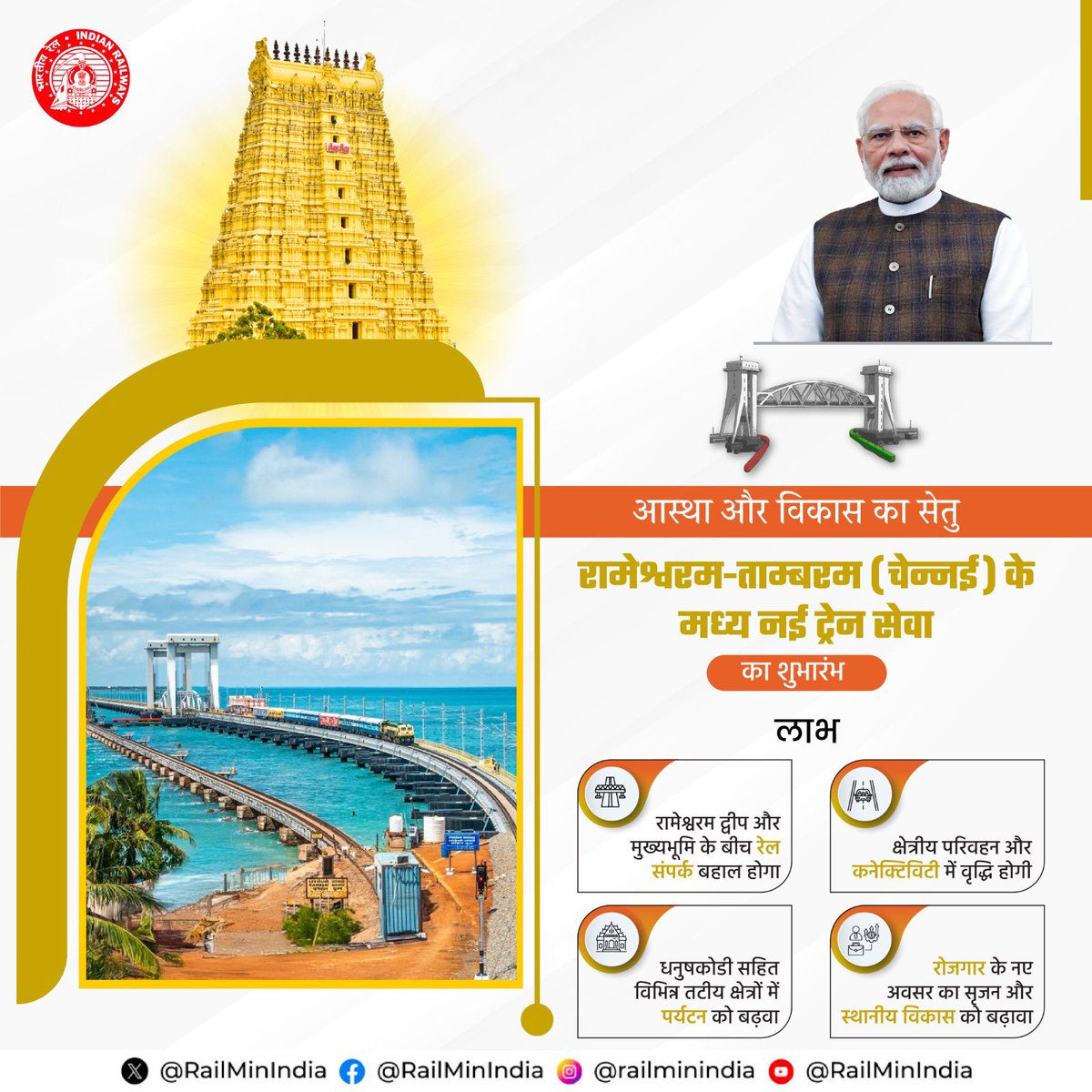 आधुनिक टेक्नोलॉजी से लैस नया पांबन पुल, सदियों तक भारत की गौरवगाथा कहेगा। उम्दा डिज़ाइन, और बेहतरीन इंजीनियरिंग के साथ बना देश का पहला वर्टिकल लिफ्ट रेल ब्रिज।
#NewPambanBridge #RailInfra4TamilNadu #PambanExpress #Pamban2.0