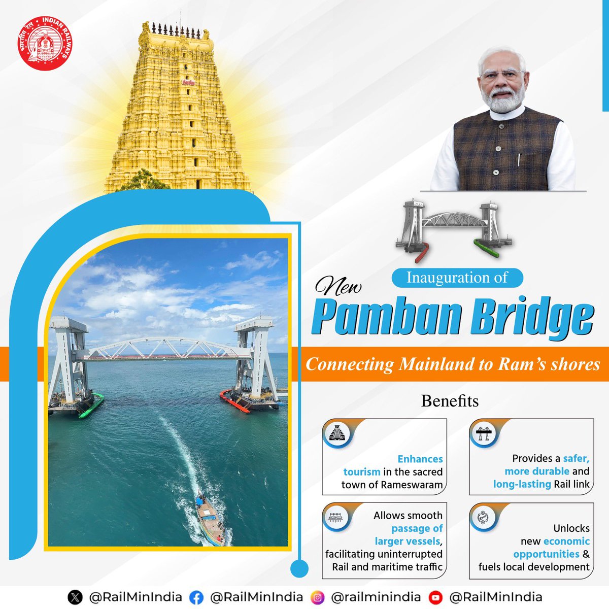 धार्मिक और सांस्कृतिक धरोहरों को जोड़ती आधुनिक आधारभूत संरचना! नई रामेश्वरम-ताम्बरम ट्रेन सर्विस से तीर्थयात्रियों और पर्यटकों को बड़ी सुविधा मिलेगी।
#NewPambanBridge #RailInfra4TamilNadu #PambanExpress #Pamban2.0