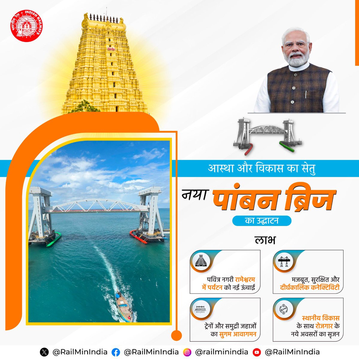 धार्मिक और सांस्कृतिक धरोहरों को जोड़ती आधुनिक आधारभूत संरचना! नई रामेश्वरम-ताम्बरम ट्रेन सर्विस से तीर्थयात्रियों और पर्यटकों को बड़ी सुविधा मिलेगी।

#NewPambanBridge #RailInfra4TamilNadu #PambanExpress #Pamban2.0