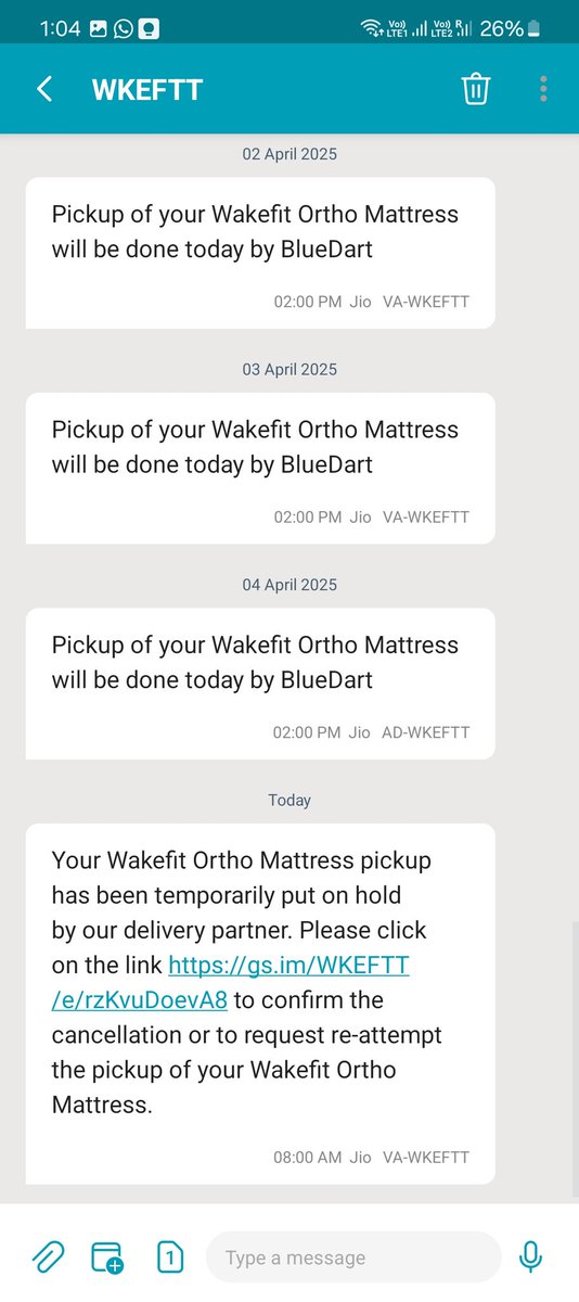Vikas Handa (@iamvikas_handa) on Twitter photo <a href="/BlueDart_/">Blue Dart Official</a> <a href="/BlueDartCares/">Blue Dart Support</a> <a href="/WakefitCo/">Wakefit</a> <a href="/SupportWakefit/">Wakefit Support</a>
What scam is this?
I hav a return pick scheduled since a week, every morning I get msgs that today pickup will happen, then no one calls or comes to pickup,same story repeats next day & now it says pickup cancelled.
EXPLAIN. <a href="/BlueDart_/">Blue Dart Official</a> <a href="/BlueDartCares/">Blue Dart Support</a> <a href="/WakefitCo/">Wakefit</a> <a href="/SupportWakefit/">Wakefit Support</a>
What scam is this?
I hav a return pick scheduled since a week, every morning I get msgs that today pickup will happen, then no one calls or comes to pickup,same story repeats next day & now it says pickup cancelled.
EXPLAIN.