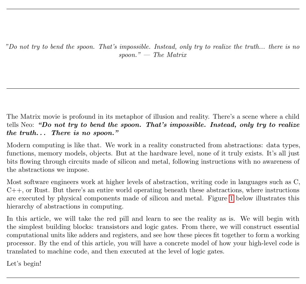 Weirdly proud of the intro of my latest article.

When you look beyond abstractions, you see the true reality of computation. When you can do that, the complexities cease to exist.

The article gives a crash course on the fundamentals of computer organization, with a full picture