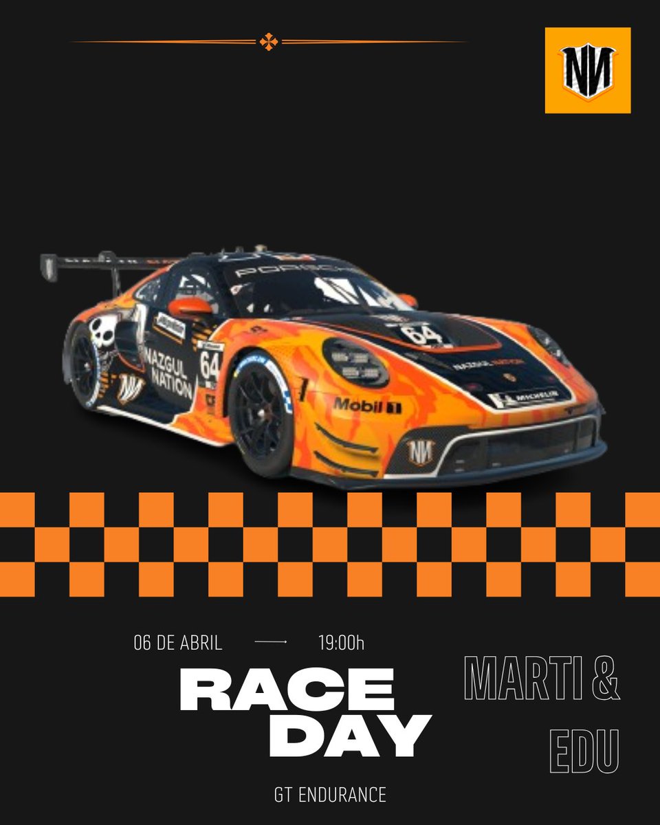 #iRacing | ¡𝐑𝐀𝐂𝐄𝐃𝐀𝐘!

🏆 | GT Endurance
🚙 | Porsche 911 gt3 R
🏁 | Algarve
⏰ | 19:00h 
📺 | twitch.tv/marticg16 &amp; twitch.tv/eroyes19

𝐏𝐈𝐋𝐎𝐓𝐎𝐒:
<a href="/caballe_ma21519/">Martí Caballé Garcia</a>
<a href="/PoiroRacing/">eroyes19</a> 

#GoNN 🧡