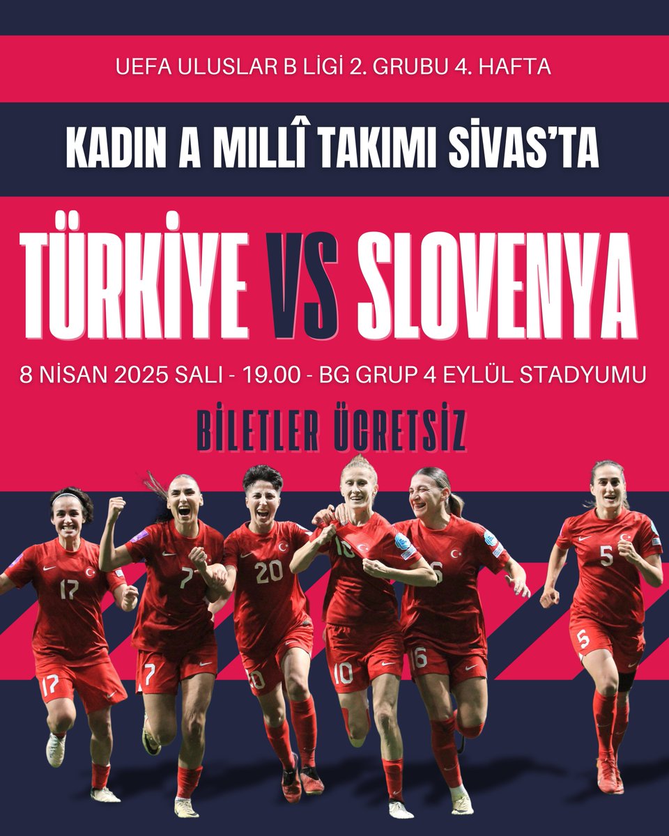Sivas, Millî Takımı Ağırlıyor! ⚽🇹🇷 

UEFA Uluslar B Ligi 2. Grup 4. hafta maçında Kadın A Millî Takımımız, Slovenya karşısında Sivas'ta sahaya çıkıyor. 

🗓️ 8 Nisan 2025 Salı 
🕖 19.00 
📍 BG Grup 4 Eylül Stadyumu 

🎟 Biletler ücretsiz 👉 bit.ly/41WyPwm