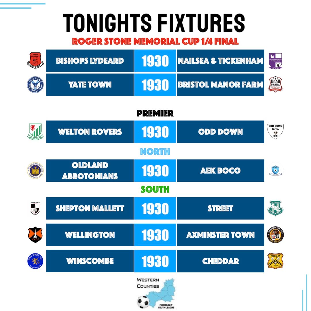 Western Counties Floodlight Youth League (@wcfyl) on Twitter photo Super busy night in the league and cup ahead of us.
<a href="/_BLAFC_/">Bishops Lydeard AFC</a> <a href="/NandTFC/">NandTFC</a> <a href="/YateTownFC/">Yate Town F(C)</a> <a href="/BMFU18s/">Bristol Manor Farm U18s</a> <a href="/WeltonRoversFC/">Welton Rovers 🇳🇬</a> <a href="/Odd_DownAFC/">Odd Down (BATH) AFC</a> <a href="/oldlandafc/">Oldland Abbotonians FC</a> <a href="/AEKBoco/">AEK-BOCO FC Youth</a> <a href="/Mallet_AFC/">Shepton Mallet AFC</a> <a href="/fcstreet/">Street FC</a> <a href="/Wellington_AFC/">Wellington AFC</a> <a href="/Axminstertownfc/">Axminster Town A.F.C</a> <a href="/WinscombeAFC/">Winscombe AFC</a> <a href="/CheddarU18s/">Cheddar FC U18s</a>
<a href="/swsportsnews/">South West Sports News</a> <a href="/NonLeagueFix/">NonLeagueFixtures</a> <a href="/NonLeagueCrowd/">Non League Crowds</a> Super busy night in the league and cup ahead of us.
<a href="/_BLAFC_/">Bishops Lydeard AFC</a> <a href="/NandTFC/">NandTFC</a> <a href="/YateTownFC/">Yate Town F(C)</a> <a href="/BMFU18s/">Bristol Manor Farm U18s</a> <a href="/WeltonRoversFC/">Welton Rovers 🇳🇬</a> <a href="/Odd_DownAFC/">Odd Down (BATH) AFC</a> <a href="/oldlandafc/">Oldland Abbotonians FC</a> <a href="/AEKBoco/">AEK-BOCO FC Youth</a> <a href="/Mallet_AFC/">Shepton Mallet AFC</a> <a href="/fcstreet/">Street FC</a> <a href="/Wellington_AFC/">Wellington AFC</a> <a href="/Axminstertownfc/">Axminster Town A.F.C</a> <a href="/WinscombeAFC/">Winscombe AFC</a> <a href="/CheddarU18s/">Cheddar FC U18s</a>
<a href="/swsportsnews/">South West Sports News</a> <a href="/NonLeagueFix/">NonLeagueFixtures</a> <a href="/NonLeagueCrowd/">Non League Crowds</a>