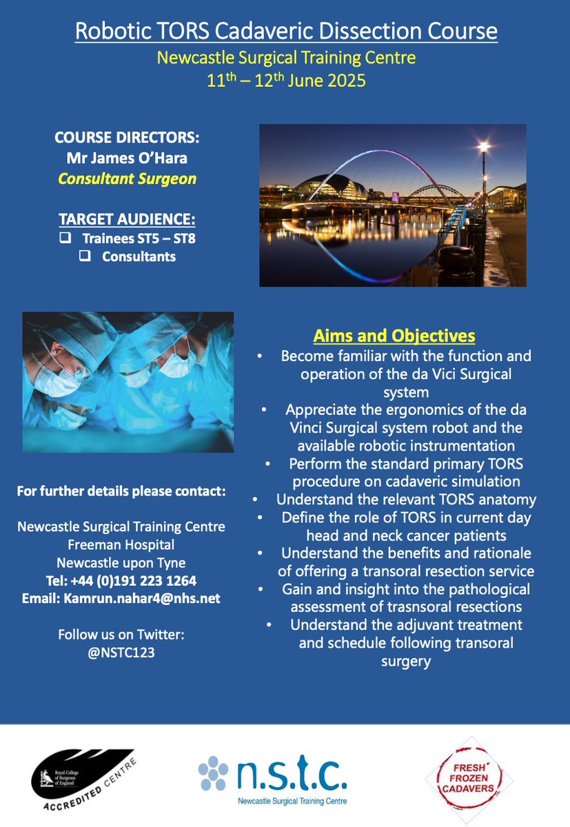 AOT (@socialmediaaot) on Twitter photo The Robotic TORS Cadaveric Dissection Course is happening on the 11th & 12th of June 2025 at the Newcastle Surgical Training Centre. This course is targeted for ENT trainees at the level of ST5+ & consultants.
For further information, or to apply, contact: kamrun.nahar4@nhs.net The Robotic TORS Cadaveric Dissection Course is happening on the 11th & 12th of June 2025 at the Newcastle Surgical Training Centre. This course is targeted for ENT trainees at the level of ST5+ & consultants.
For further information, or to apply, contact: kamrun.nahar4@nhs.net