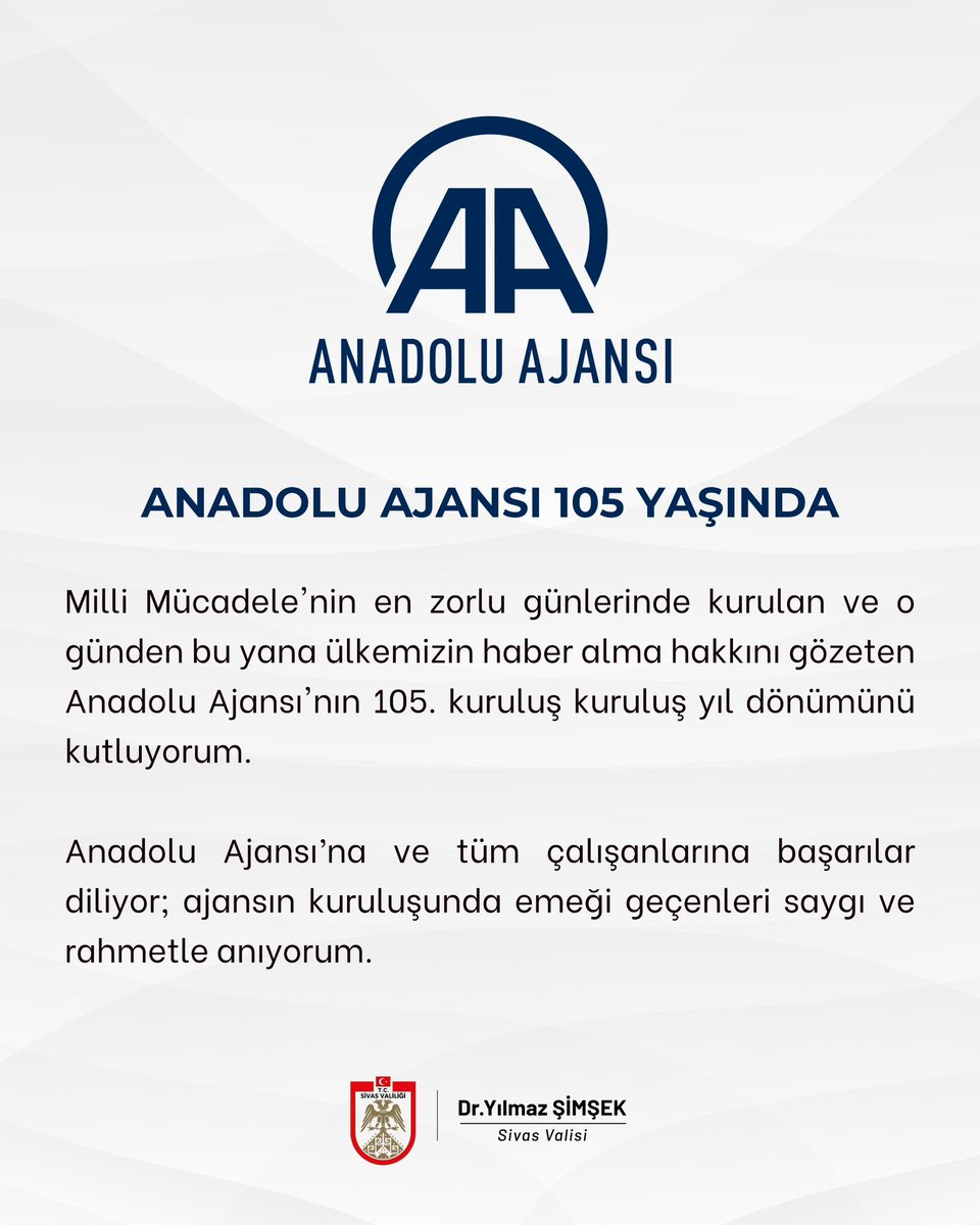 105 yıl önce Milli Mücadele'nin sesini dünyaya duyurmak için kurulan, bugün ulusal ve uluslararası kamuoyuna bir asırdan fazladır içerik sunan Anadolu Ajansı’nın kuruluş yıl dönümü kutlu olsun.