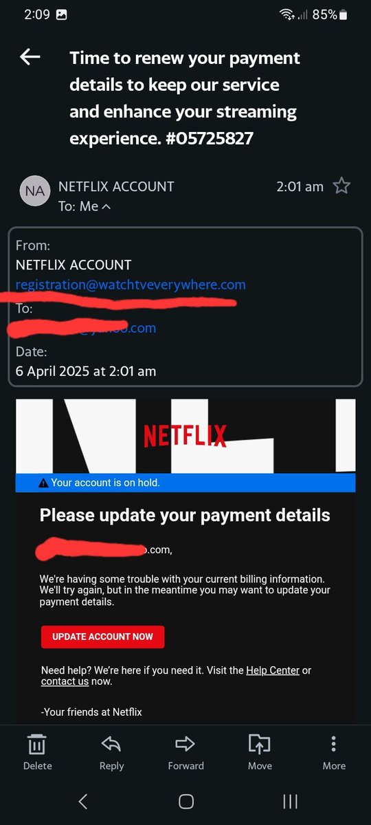 Yennysmind's tweet photo. @NetflixLAT Aviso de seguridad en caso de que no lo hayan detectado ya. Me acaban de llegar 2 mensajes pidiendo que actualice mi método de pago porque no pueden cobrar. Mi cuenta está pagada hasta mayo así que ese no es el caso. Ninguna de las dos direcciones son suyas. https://t.co/mfbjK2qNke