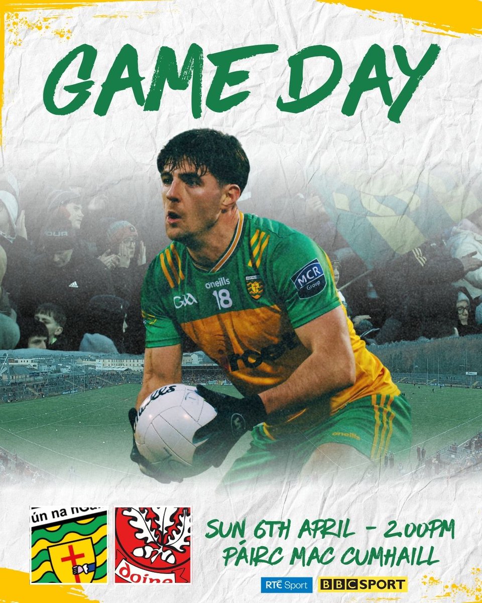 officialdonegal's tweet photo. IT’S GAME DAY

The @AIB_GAA @UlsterGAA SFC gets underway today as We play Derry

📍 Páirc MacCumhaill
⏰ 2:00 PM
📺 RTÉ /:BBC

Wishing the boys, Jim &amp; his backroom team the very best of luck as We begin our Ulster defence 💪🏻 

Dún na nGall Abú! 💛💚

#GameDay #ItsDifferentUpHere https://t.co/KrH1qlVLRj