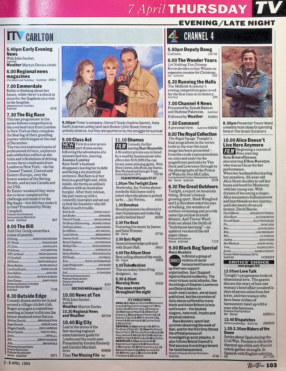 TvDidYouSee's tweet image. #OnThisDay 7 April 1994 📺TV Listings
Frank Butcher, #MikeReid, only has one option left in #EastEnders, he goes out for a long walk.
#JoannaLumley stars in the first of new drama series CLASS ACT.
#RayWinstone joins #DawnFrench for MURDER MOST HORRID.
JONATHAN ROSS PRESENTS...