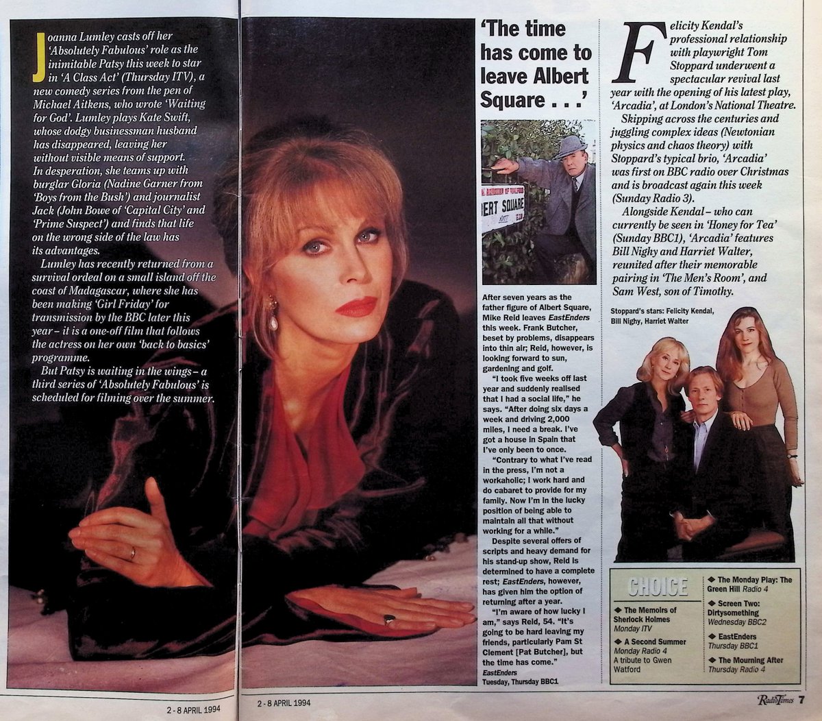 TvDidYouSee's tweet image. #OnThisDay 7 April 1994 📺TV Listings
Frank Butcher, #MikeReid, only has one option left in #EastEnders, he goes out for a long walk.
#JoannaLumley stars in the first of new drama series CLASS ACT.
#RayWinstone joins #DawnFrench for MURDER MOST HORRID.
JONATHAN ROSS PRESENTS...