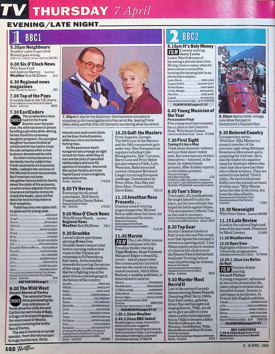 TvDidYouSee's tweet image. #OnThisDay 7 April 1994 📺TV Listings
Frank Butcher, #MikeReid, only has one option left in #EastEnders, he goes out for a long walk.
#JoannaLumley stars in the first of new drama series CLASS ACT.
#RayWinstone joins #DawnFrench for MURDER MOST HORRID.
JONATHAN ROSS PRESENTS...