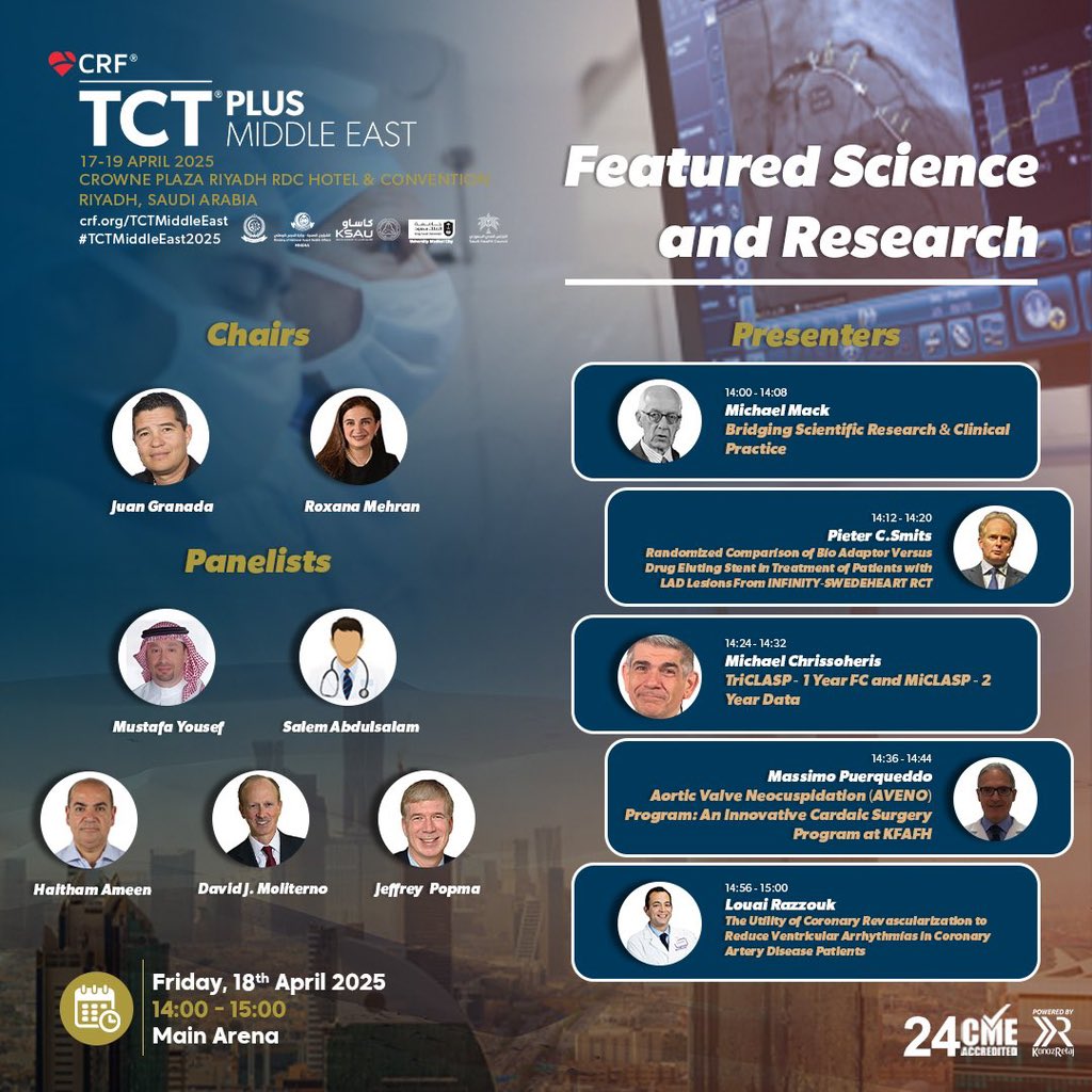 Konoz Retaj | كنوز ريتاج (@kr_organisation) on Twitter photo Featured Science & Research
<a href="/crfheart/">Cardiovascular Research Foundation</a> <a href="/TCTConference/">TCT Conference</a>
<a href="/jgranadacrf/">Juan F. Granada</a> <a href="/Drroxmehran/">Dr Roxana Mehran</a>
Join to learn about:
🎓Science & Practice
🎓LAD subanalysis of the SWEDEHEART
🎓TriClasp & MiClasp results
🎓AENO program
🎓CTO PCI to reduce arrhythmias
<a href="/DrHaithamAmin/">Haitham Amin</a> <a href="/LouaiRazzouk/">Louai Razzouk, MD MPH</a> Featured Science & Research
<a href="/crfheart/">Cardiovascular Research Foundation</a> <a href="/TCTConference/">TCT Conference</a>
<a href="/jgranadacrf/">Juan F. Granada</a> <a href="/Drroxmehran/">Dr Roxana Mehran</a>
Join to learn about:
🎓Science & Practice
🎓LAD subanalysis of the SWEDEHEART
🎓TriClasp & MiClasp results
🎓AENO program
🎓CTO PCI to reduce arrhythmias
<a href="/DrHaithamAmin/">Haitham Amin</a> <a href="/LouaiRazzouk/">Louai Razzouk, MD MPH</a>