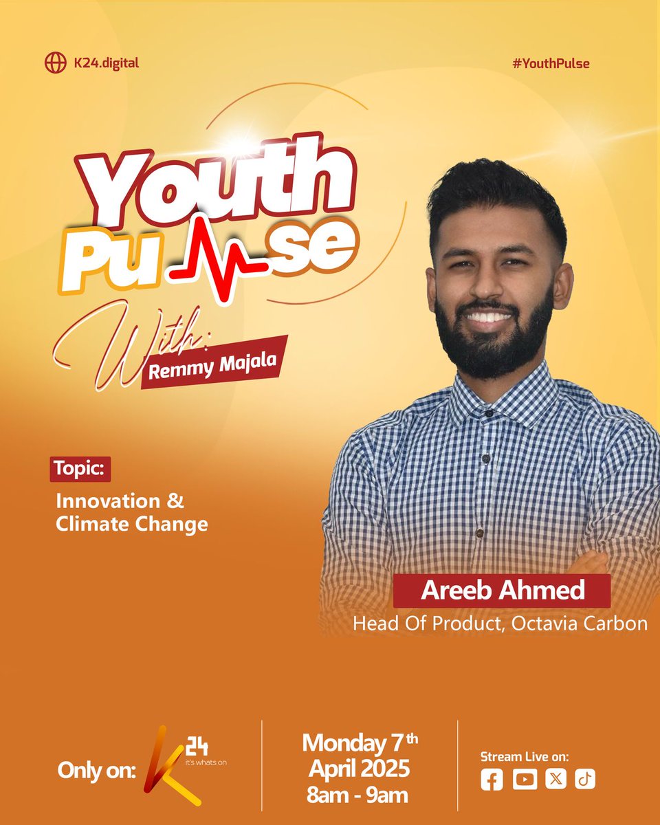 Join Areeb Ahmed, Head of Product at Octavia Carbon, on #YouthPulse with @RemmyMajala as they explore the intersection of innovation and climate change. 

Don’t miss the conversation tomorrow, from 8am to 9am