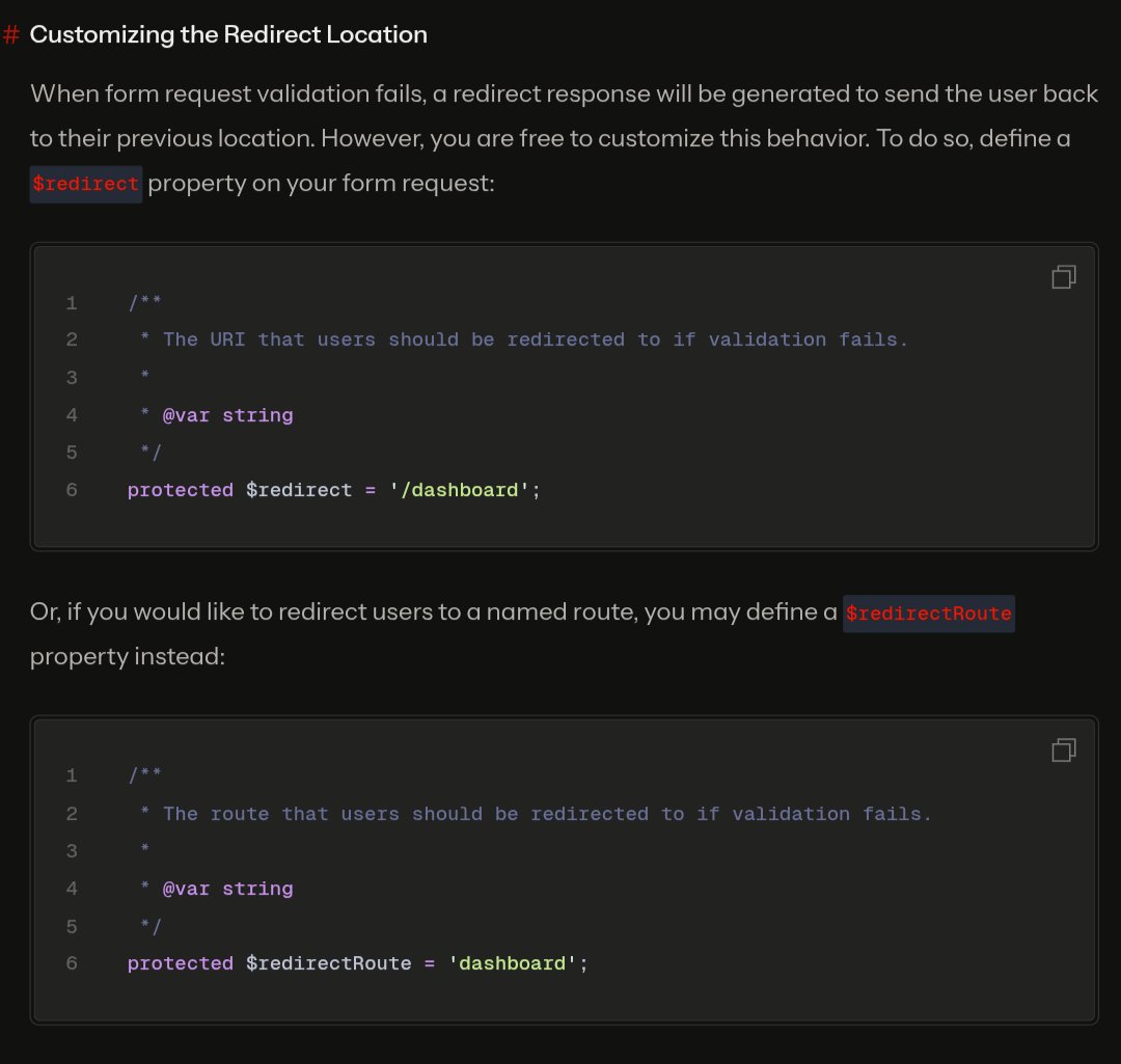 MrPunyapal's tweet image. Laravel devs, did you know? In form requests, you can redirect users to any URL on failure instead of just back(). Mind blown? 🤯
#readLaravelDocs