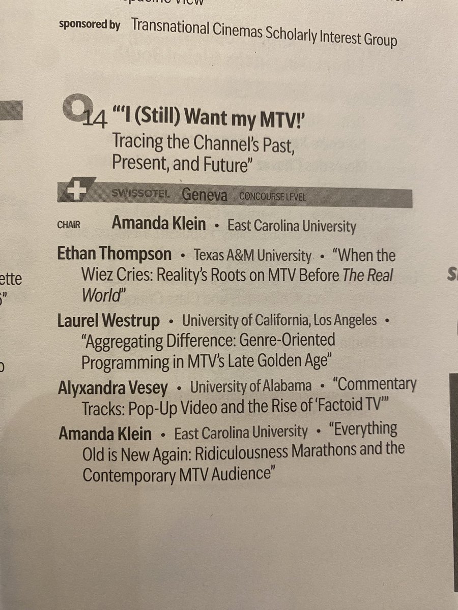 scms_tv's tweet image. AND WE’RE LIVE! Happening now, “O14-‘I (Still) Want My MTV!’: Tracing the Channel’s Past, Present, and Future” chaired by Amanda Klein with presentations from the chair, Ethan Thompson, Laurel Westrup, and Alyx Vesey. #scms #scms25 #scmstv #tvstudies