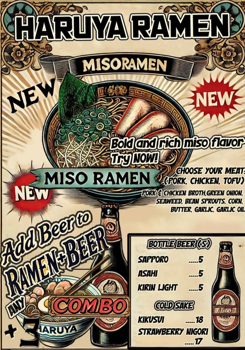 haruyaramen's tweet photo. “Introducing our MISO #RAMEN 🍜🔥 – a bold and rich miso-flavored ramen packed with umami goodness!
Choose your protein: Pork, Chicken, or Tofu and enjoy it with our flavorful broth, green onions, seaweed, bean sprouts, corn, butter, garlic, and garlic oil.” #haruyaramen https://t.co/b982aMv1tK