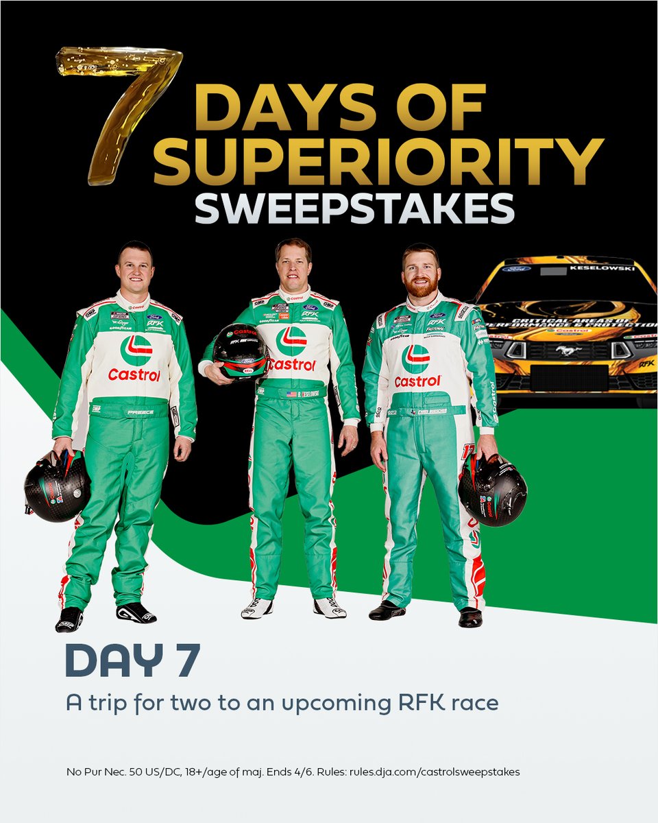 The checkered flag is waving! Win a trip for you and a guest to an upcoming RFK race! Castrol will be there, providing ultimate performance and protection across #7CriticalAreas, ensuring those engines are pushing their limits. Must follow Castrol and comment