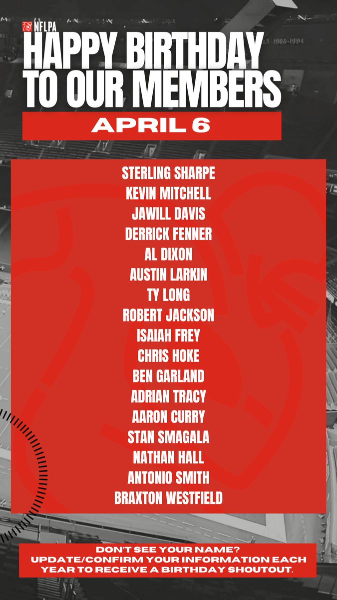 NFLPA Former Players (@nflpafmrplayers) on Twitter photo Happy birthday to our members <a href="/kmitch_illini/">Kevin Mitchell</a> <a href="/JawillDavis/">Jawill Davis</a> @DerrickSFenner <a href="/ALBERTDIXON/">Albert Dixon</a> <a href="/alark45/">Austin Larkin</a> @trlong3 <a href="/Thro284/">Sterling Sharpe</a> <a href="/rjmotivates/">Robert Jackson</a> <a href="/IFrey_28/">Isaiah D. Frey</a> <a href="/hokiebro76/">Chris Hoke</a> <a href="/BenGarland63/">Ben Garland</a> <a href="/ADTrac5/">AT5</a> <a href="/AaronCurry51/">Aaron Curry M.Ed.</a> - Make it the best one yet! Happy birthday to our members <a href="/kmitch_illini/">Kevin Mitchell</a> <a href="/JawillDavis/">Jawill Davis</a> @DerrickSFenner <a href="/ALBERTDIXON/">Albert Dixon</a> <a href="/alark45/">Austin Larkin</a> @trlong3 <a href="/Thro284/">Sterling Sharpe</a> <a href="/rjmotivates/">Robert Jackson</a> <a href="/IFrey_28/">Isaiah D. Frey</a> <a href="/hokiebro76/">Chris Hoke</a> <a href="/BenGarland63/">Ben Garland</a> <a href="/ADTrac5/">AT5</a> <a href="/AaronCurry51/">Aaron Curry M.Ed.</a> - Make it the best one yet!
