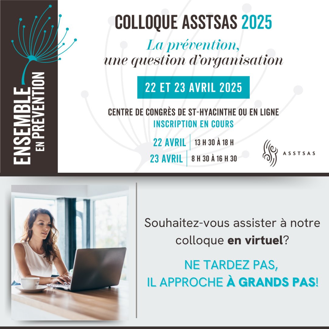 InfosASSTSAS's tweet image. 🚨 Les inscriptions en présentiel sont terminées ! Mais vous pouvez encore vous inscrire pour participer virtuellement jusqu'au 21 avril. Ne manquez pas cette opportunité ! 💻📅

Pour plus de détails et pour vous inscrire, cliquez-ci ➡️asstsas.qc.ca/evenements/col…